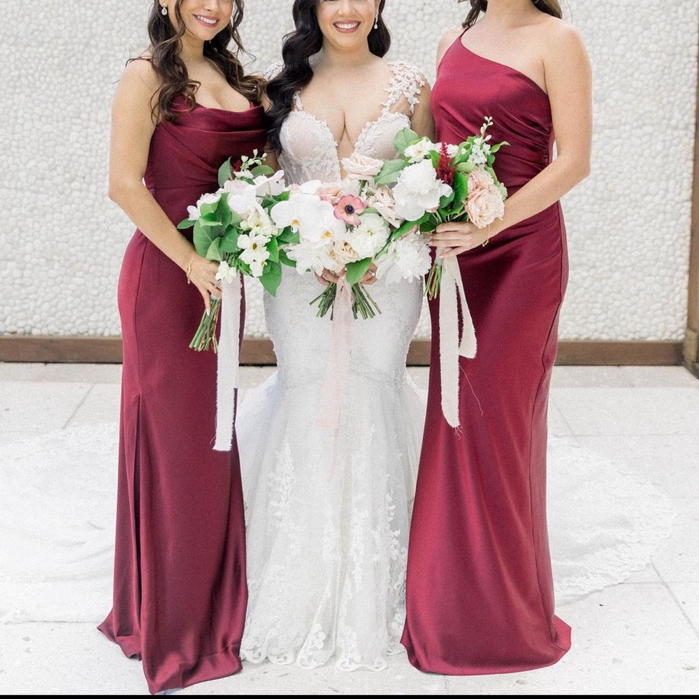 Fitted One Shoulder Stretch Satin Long Dress Cabernet